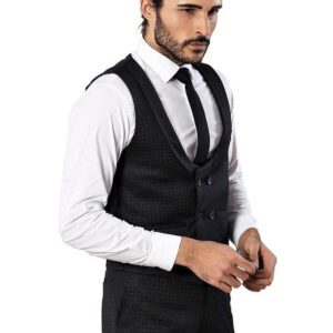 Patterned Double Breasted Navy Blue Men Trousers Vest Set - Wessi