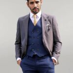 Patterned Navy Blue Brown Men Suit - Wessi