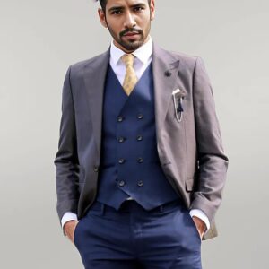 Patterned Navy Blue Brown Men Suit - Wessi