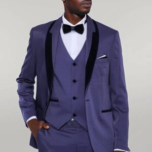 Patterned Navy Blue Velvet Lapel Tuxedo - Wessi