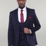 Patterned Navy Blue Vested Suit | Wessi