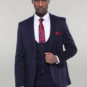 Patterned Navy Blue Vested Suit | Wessi