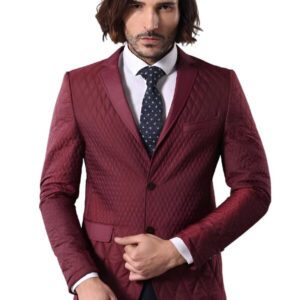 Patterned Quilted Burgundy Men Blazer - Wessi