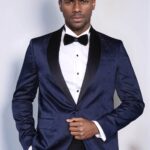 Patterned Shawl Lapel Navy Blue Men Tuxedo Jacket - Wessi