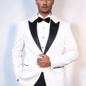 Patterned Shiny White Men Wedding Tuxedo Jacket - Wessi