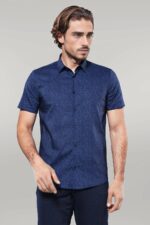 Patterned Short Sleeves Navy Blue Men Shirt