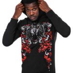 Patterned Slim Fit Black Hooded Sweatshirt - Wessi