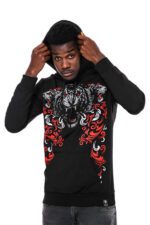 Patterned Slim Fit Black Hooded Sweatshirt