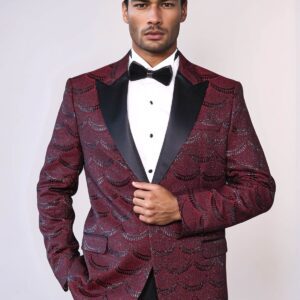 Patterned Slim Fit Burgundy Men Tuxedo Jacket - Wessi