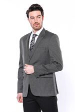 Patterned Slim-Fit Dark Grey Men Blazer