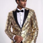 Patterned Slim Fit Gold Men Stage Performance Jacket - Wessi