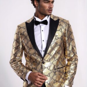 Patterned Slim Fit Gold Men Stage Performance Jacket - Wessi