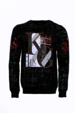 Patterned Slim Fit Men Black Sweatshirt