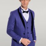 Patterned Velvet Lapel Blue Men Tuxedo - Wessi