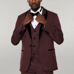 Patterned Velvet Lapel Burgundy Groom Suit - Wessi