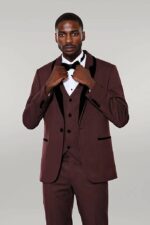 Patterned Velvet Lapel Burgundy Groom Suit