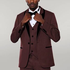 Patterned Velvet Lapel Burgundy Groom Suit - Wessi