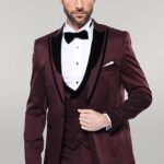Patterned Velvet Lapel Burgundy Tuxedo | Wessi