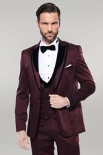 Patterned Velvet Lapel Burgundy Tuxedo