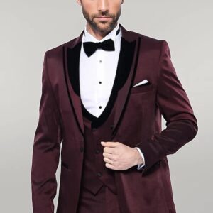 Patterned Velvet Lapel Burgundy Tuxedo | Wessi