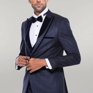 Patterned Velvet Lapel Navy Blue Men Tuxedo - Wessi