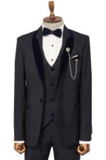 Patterned Velvet Lapel Navy Blue Men Tuxedo