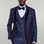 Patterned Velvet Lapel Navy Blue Men Tuxedo - Wessi