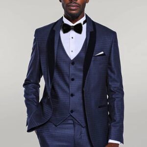 Patterned Velvet Lapel Navy Blue Men Tuxedo - Wessi