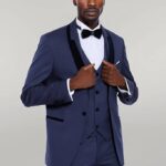 Patterned Velvet Lapel Navy Blue Tuxedo - Wessi