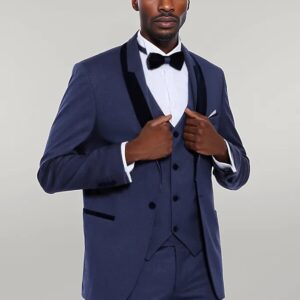 Patterned Velvet Lapel Navy Blue Tuxedo - Wessi