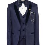 Patterned Velvet Lapel Navy Men Tuxedo - Wessi