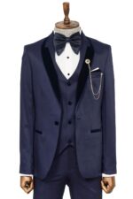 Patterned Velvet Lapel Navy Men Tuxedo