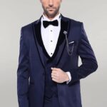 Patterned Velvet Lapel Navy Tuxedo | Wessi