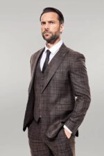 Patterned Vested Brown Slim-Fit Men’s Suit