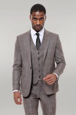 Patterned Vested Slim-Fit Dark Beige Men’s Suit