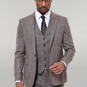 Patterned Vested Slim-Fit Dark Beige Men’s Suit - Wessi