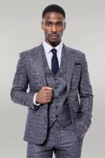 Patterned Vested Slim-Fit Navy Blue Men Suit