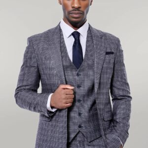 Patterned Vested Slim-Fit Navy Blue Men Suit - Wessi