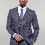 Patterned Vested Slim-Fit Navy Blue Men’s Suit - Wessi