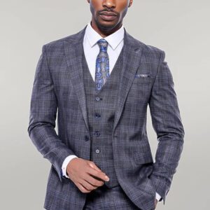 Patterned Vested Slim-Fit Navy Blue Men’s Suit - Wessi