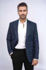 Patterned Wide Lapel Navy Blue Men Blazer