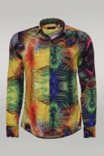 Peacock Pattern Long Sleeves Multicolor Men Shirt