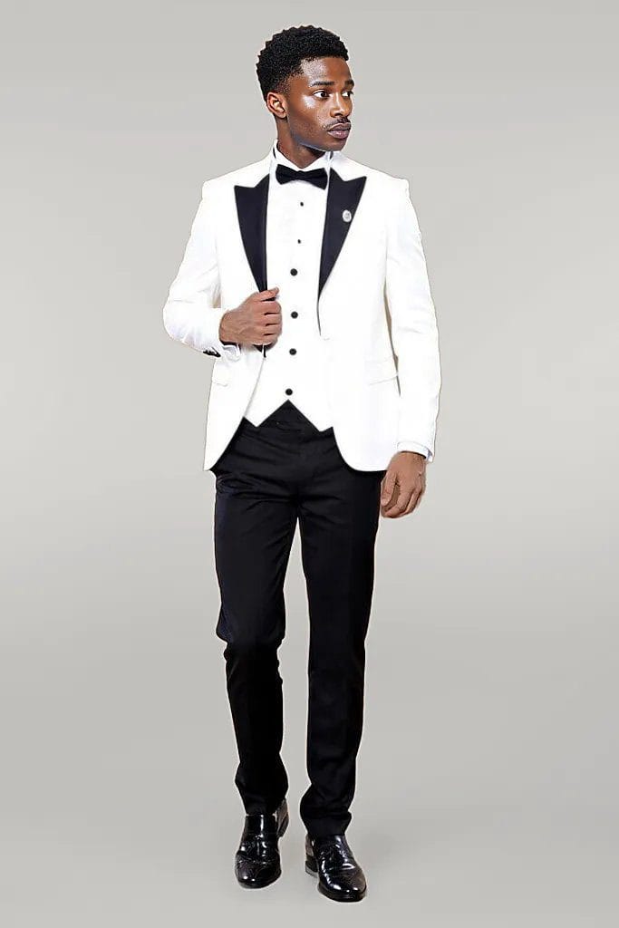 Slim Fit 2 Piece White Tuxedo With White Satin Peak Lapel