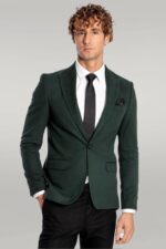 Peak Lapel Single Button Plain Green Men Blazer