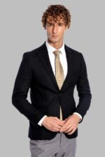 Peak Lapel Single Button Plain Navy Blue Men Blazer