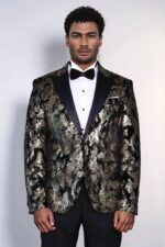 Peak-Lapel-Slim-Fit-Gold-Patterned-Black-Men-Evening-Blazer-1