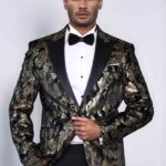 Peak Lapel Slim Fit Gold Patterned Black Men Evening Blazer