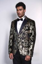 Peak-Lapel-Slim-Fit-Gold-Patterned-Black-Men-Evening-Blazer-2