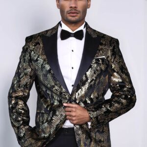 Peak Lapel Slim Fit Gold Patterned Black Men Evening Blazer