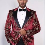 Peak Lapel Slim Fit Gold Patterned Burgundy Men Party Blazer - Wessi